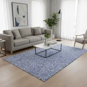 Photo of Denim Blue And Ivory Floral Washable Area Rug With UV Protection