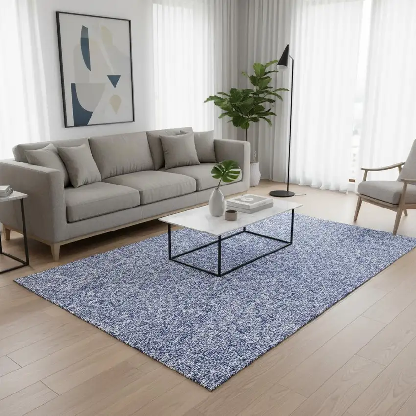 Denim Blue And Ivory Floral Washable Area Rug With UV Protection Photo 1