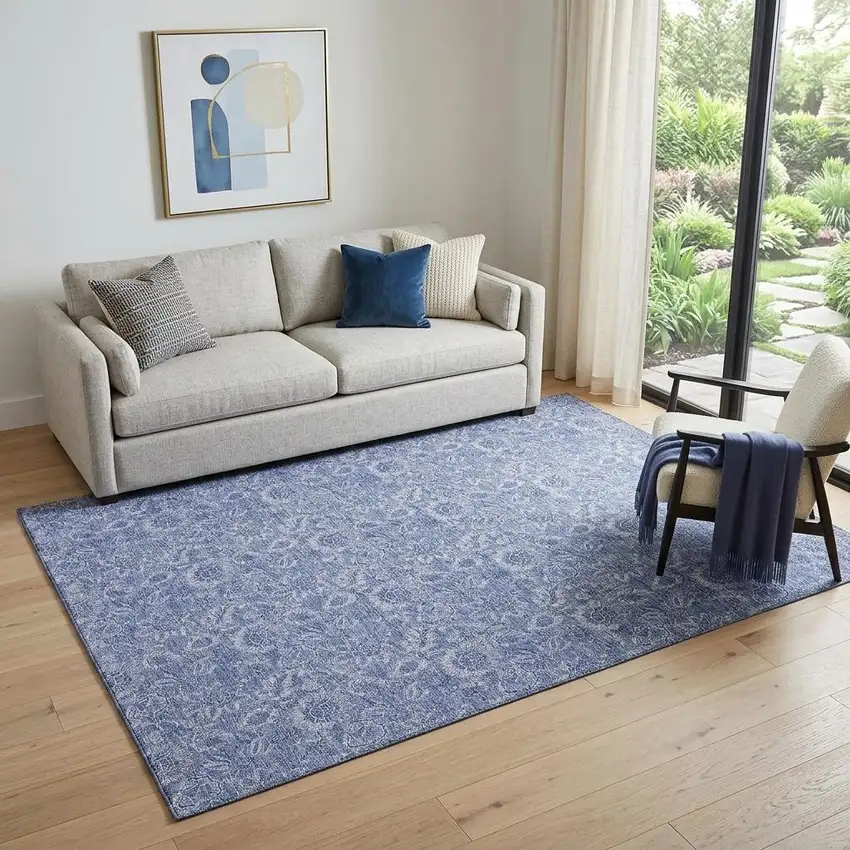 Denim Blue And Ivory Floral Washable Area Rug With UV Protection Photo 1