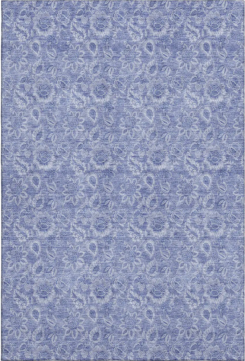 Denim Blue And Ivory Floral Washable Area Rug With UV Protection Photo 2