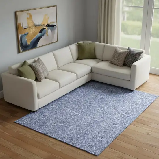 Denim Blue And Ivory Floral Washable Area Rug With UV Protection Photo 1