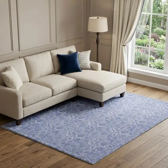 Denim Blue And Ivory Floral Washable Area Rug With UV Protection Photo 1