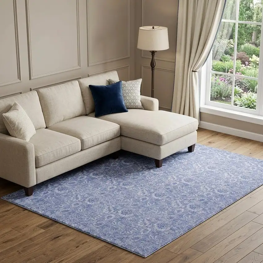 Denim Blue And Ivory Floral Washable Area Rug With UV Protection Photo 1