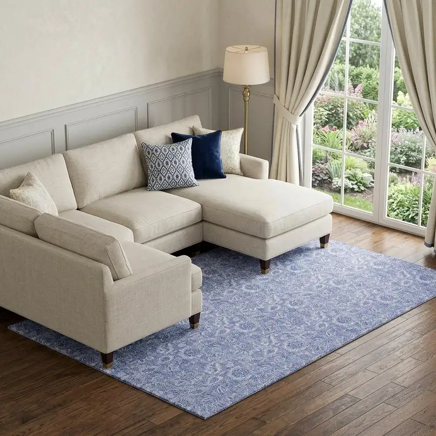 Denim Blue And Ivory Floral Washable Area Rug With UV Protection Photo 1