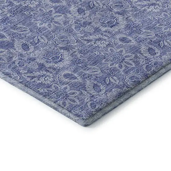Denim Blue And Ivory Floral Washable Area Rug With UV Protection Photo 6