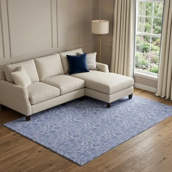 Denim Blue And Ivory Floral Washable Area Rug With UV Protection Photo 1