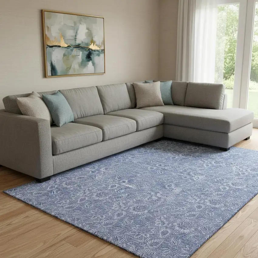 Denim Blue And Ivory Floral Washable Area Rug With UV Protection Photo 1