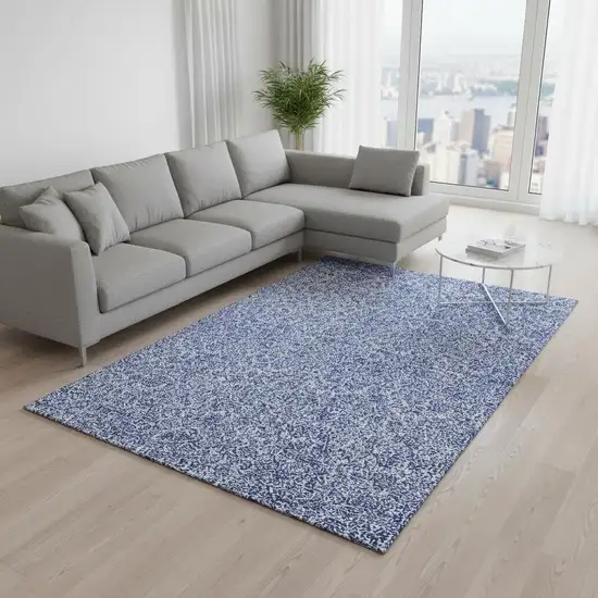 Denim Blue And Ivory Floral Washable Area Rug With UV Protection Photo 1