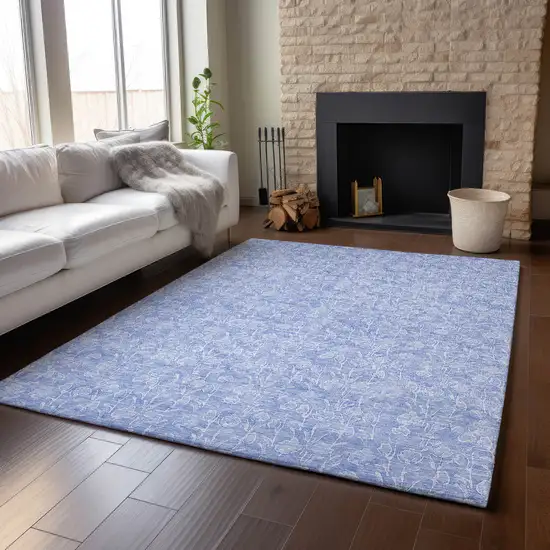 Denim Blue And Ivory Floral Washable Area Rug With UV Protection Photo 5
