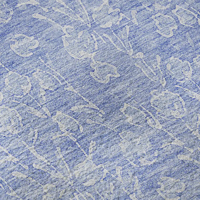 Denim Blue And Ivory Floral Washable Area Rug With UV Protection Photo 9