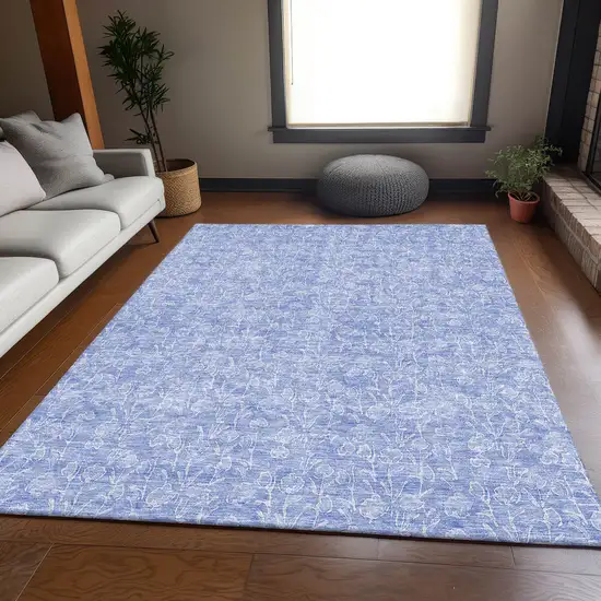 Denim Blue And Ivory Floral Washable Area Rug With UV Protection Photo 4