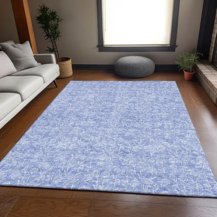 Denim Blue And Ivory Floral Washable Area Rug With UV Protection Photo 4