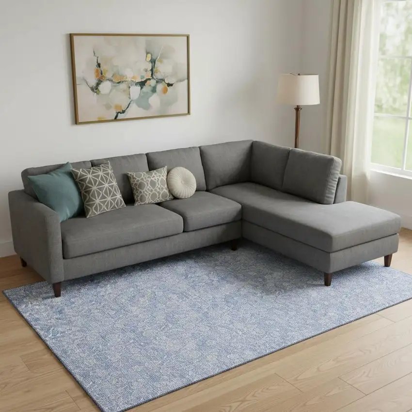 Denim Blue And Ivory Floral Washable Area Rug With UV Protection Photo 1