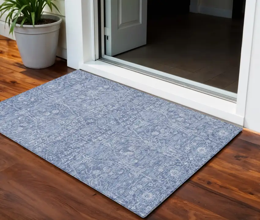 Denim Blue And Ivory Floral Washable Indoor Outdoor Area Rug Photo 1