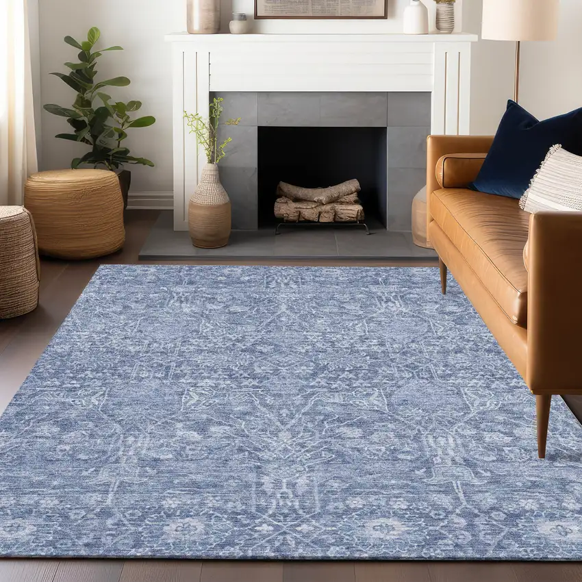 Denim Blue And Ivory Floral Washable Indoor Outdoor Area Rug Photo 8