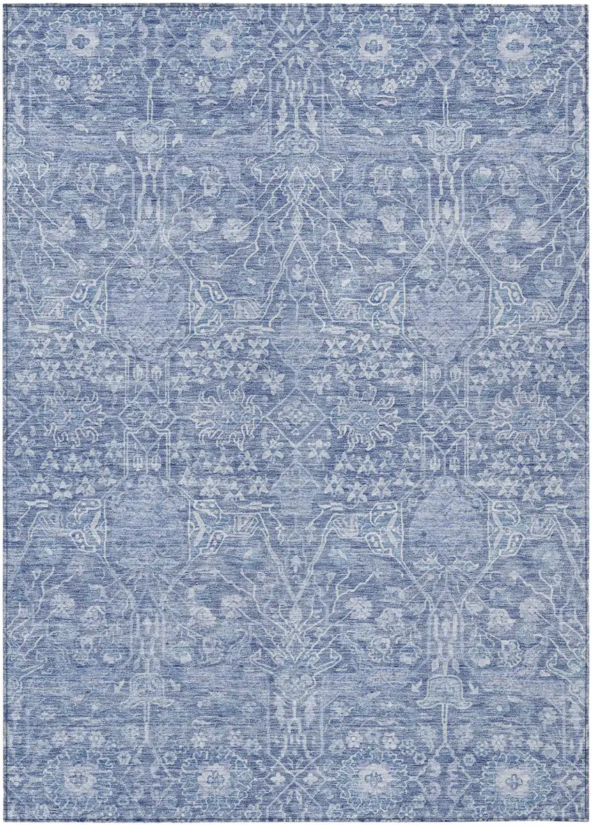Denim Blue And Ivory Floral Washable Indoor Outdoor Area Rug Photo 2