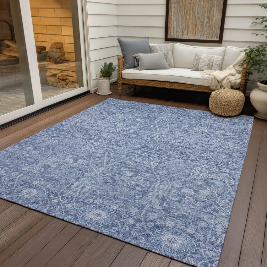 Denim Blue And Ivory Floral Washable Indoor Outdoor Area Rug Photo 7