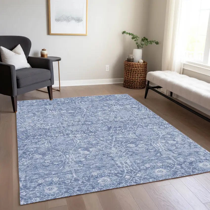 Denim Blue And Ivory Floral Washable Indoor Outdoor Area Rug Photo 9