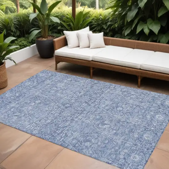 Denim Blue And Ivory Floral Washable Indoor Outdoor Area Rug Photo 1