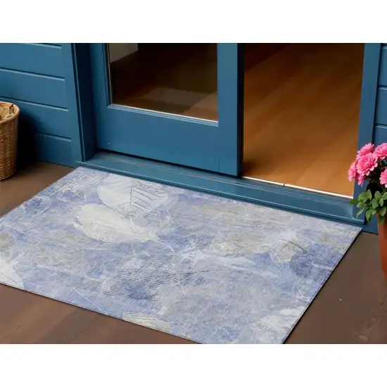 Denim Blue And Ivory Floral Washable Indoor Outdoor Area Rug Photo 2