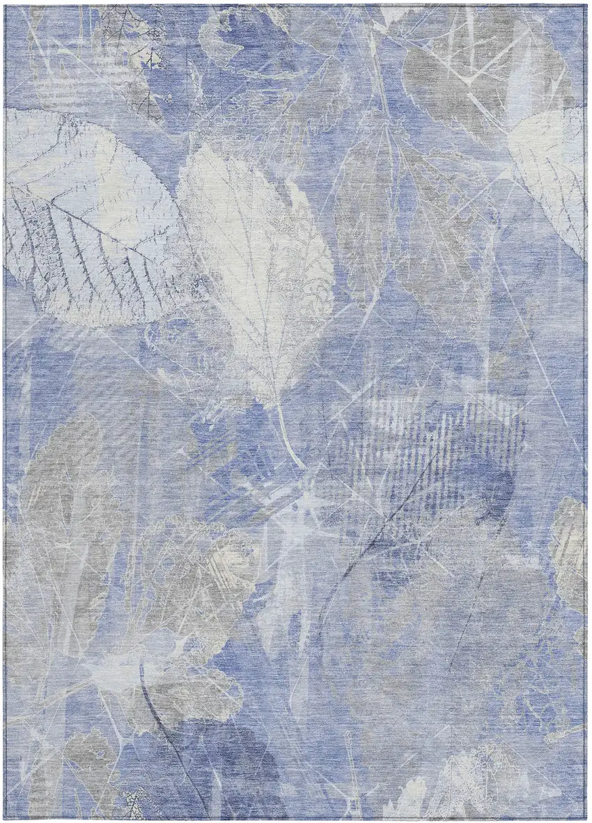 Denim Blue And Ivory Floral Washable Indoor Outdoor Area Rug Photo 1