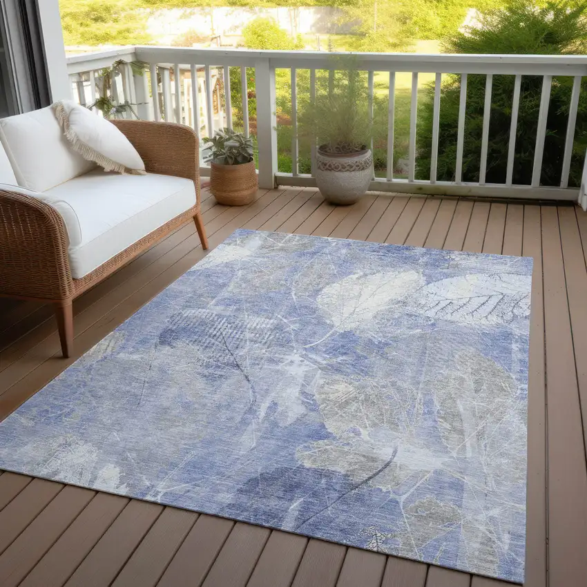 Denim Blue And Ivory Floral Washable Indoor Outdoor Area Rug Photo 4