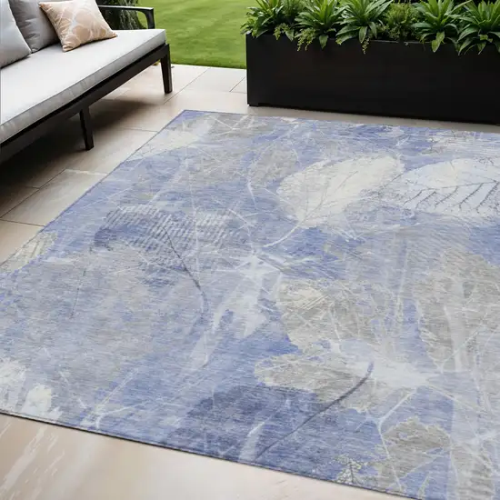 Denim Blue And Ivory Floral Washable Indoor Outdoor Area Rug Photo 2
