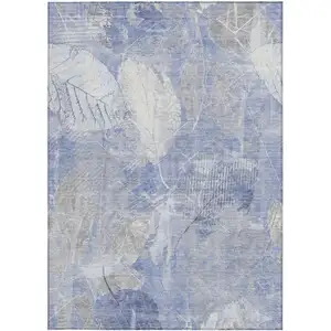 Photo of Denim Blue And Ivory Floral Washable Indoor Outdoor Area Rug