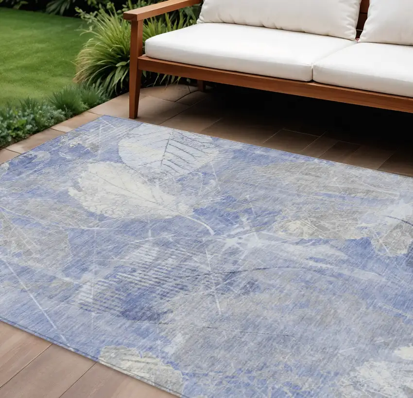 Denim Blue And Ivory Floral Washable Indoor Outdoor Area Rug Photo 2