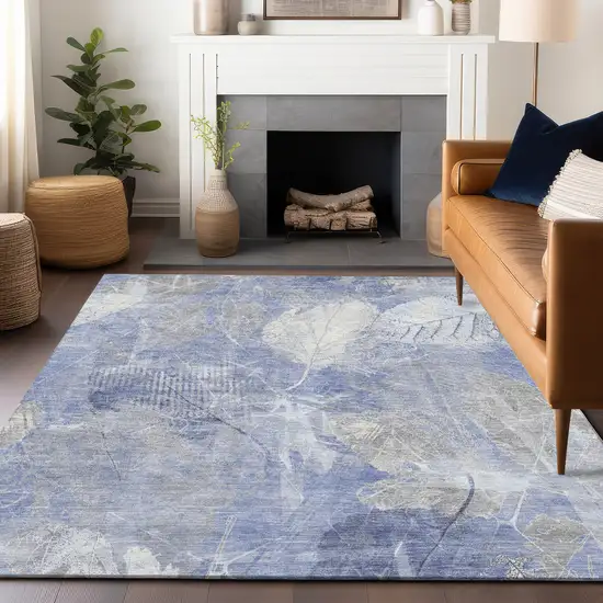 Denim Blue And Ivory Floral Washable Indoor Outdoor Area Rug Photo 5