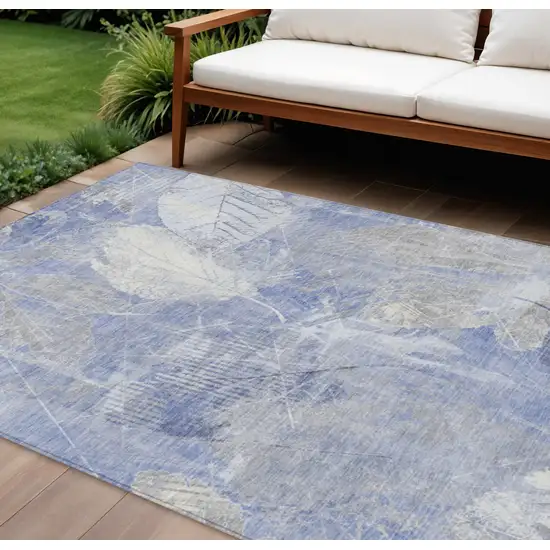 Denim Blue And Ivory Floral Washable Indoor Outdoor Area Rug Photo 2