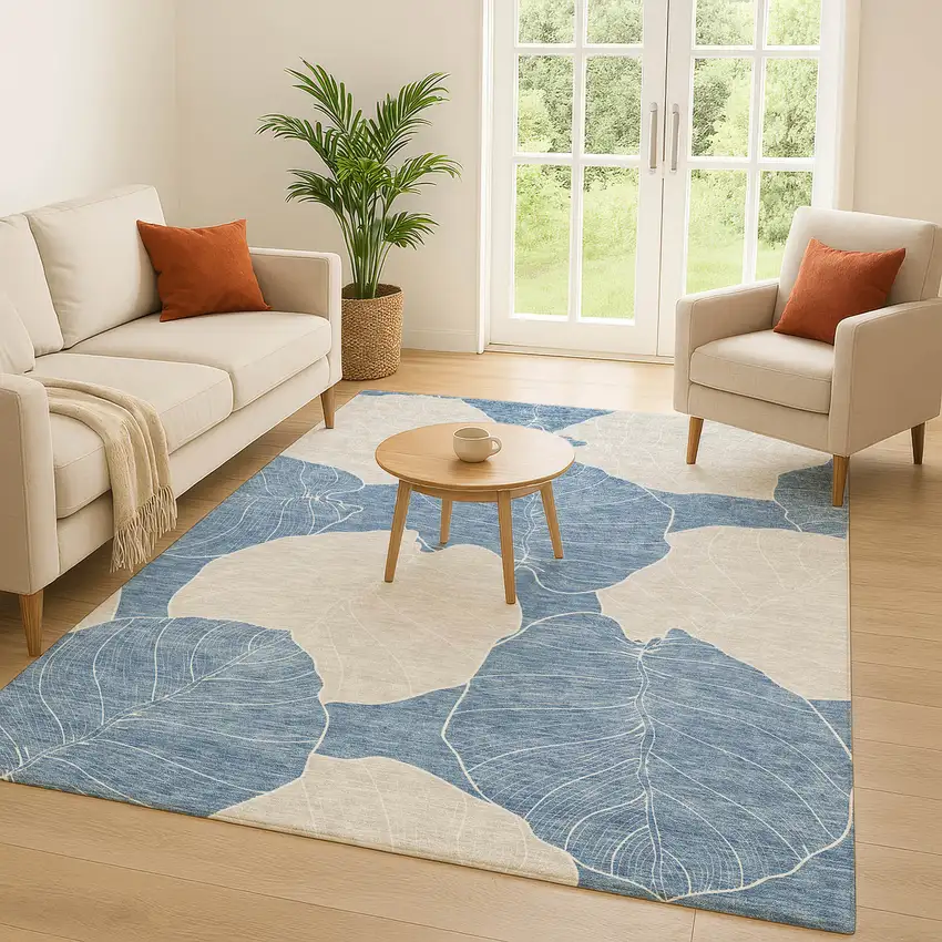 Denim Blue And Ivory Floral Washable Indoor Outdoor Area Rug Photo 5