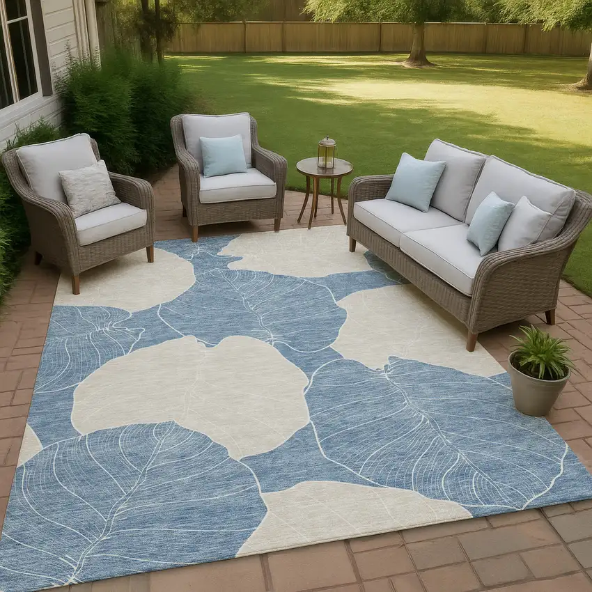 Denim Blue And Ivory Floral Washable Indoor Outdoor Area Rug Photo 4