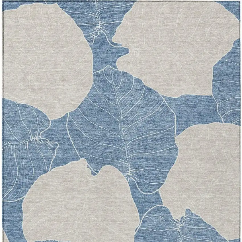 Denim Blue And Ivory Floral Washable Indoor Outdoor Area Rug Photo 3