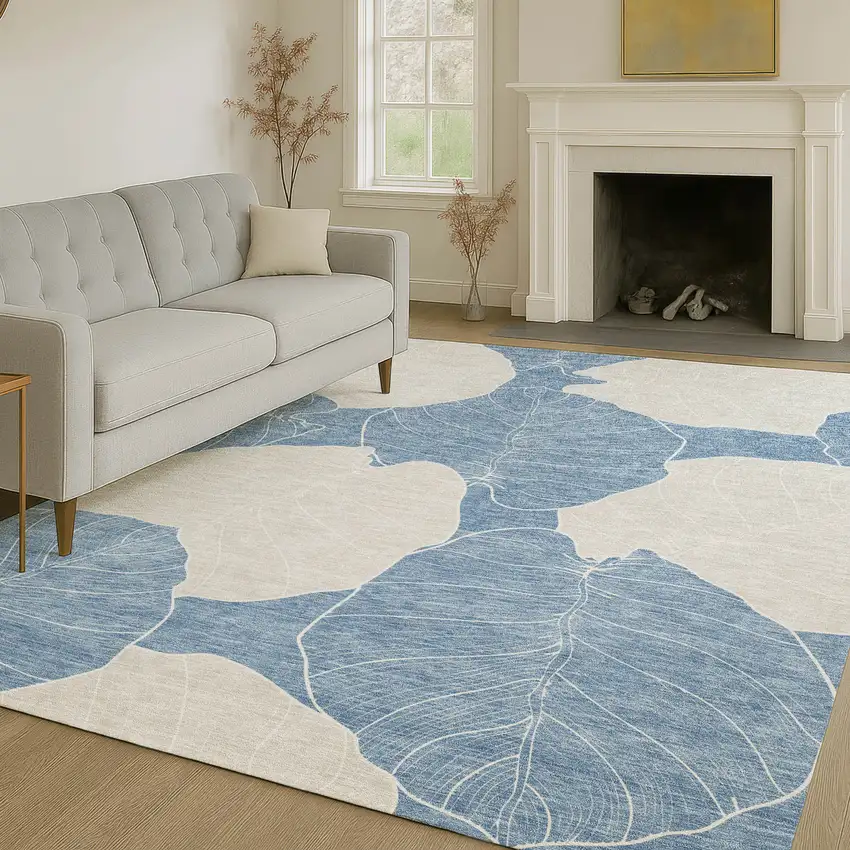 Denim Blue And Ivory Floral Washable Indoor Outdoor Area Rug Photo 6
