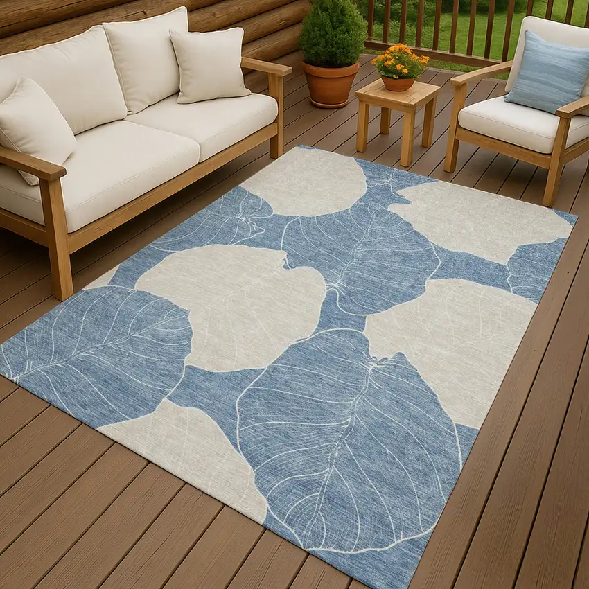 Denim Blue And Ivory Floral Washable Indoor Outdoor Area Rug Photo 7