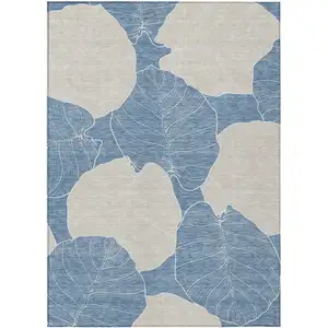 Photo of Denim Blue And Ivory Floral Washable Indoor Outdoor Area Rug