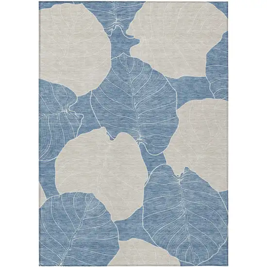 Denim Blue And Ivory Floral Washable Indoor Outdoor Area Rug Photo 1