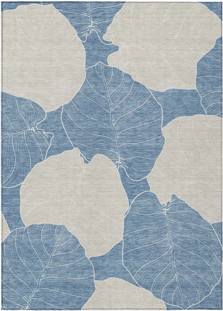 Denim Blue And Ivory Floral Washable Indoor Outdoor Area Rug Photo 1