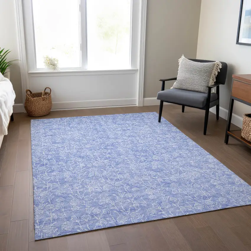 Denim Blue And Ivory Floral Washable Indoor Outdoor Area Rug Photo 8