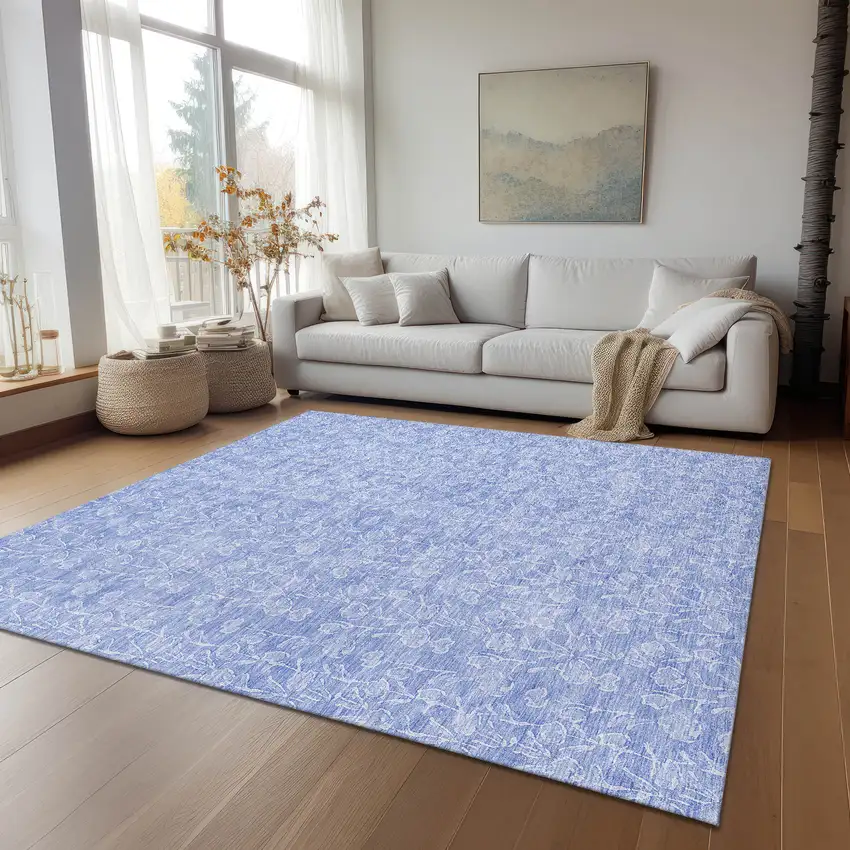 Denim Blue And Ivory Floral Washable Indoor Outdoor Area Rug Photo 9