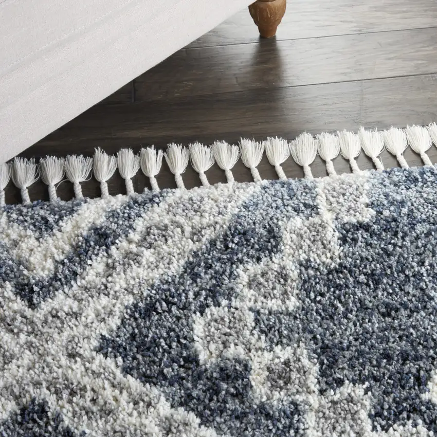 Denim Blue And Ivory Geometric Shag Non Skid Area Rug With Fringe Photo 4