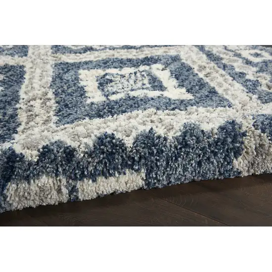 Denim Blue And Ivory Geometric Shag Non Skid Area Rug With Fringe Photo 8