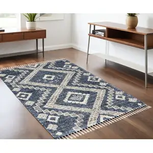 Photo of Denim Blue And Ivory Geometric Shag Non Skid Area Rug With Fringe