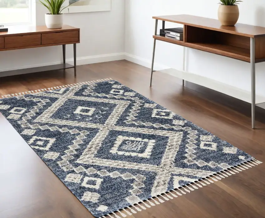 Denim Blue And Ivory Geometric Shag Non Skid Area Rug With Fringe Photo 1