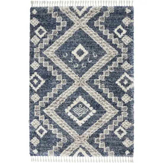 Denim Blue And Ivory Geometric Shag Non Skid Area Rug With Fringe Photo 6