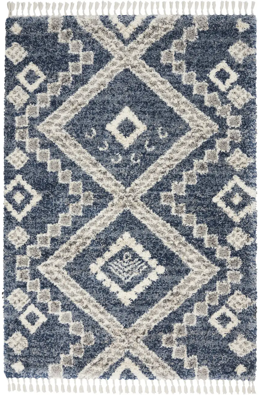 Denim Blue And Ivory Geometric Shag Non Skid Area Rug With Fringe Photo 6