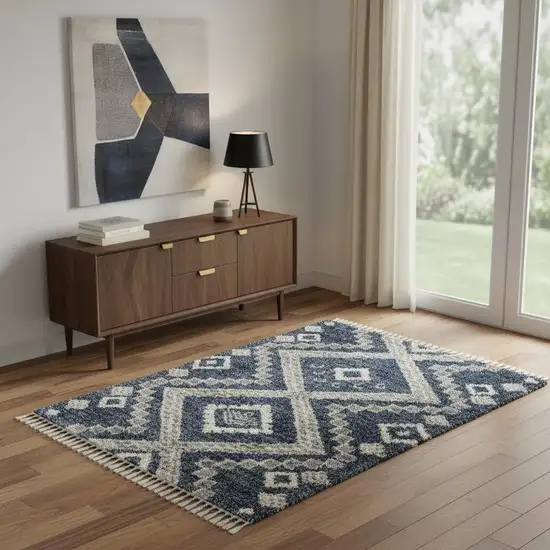 Denim Blue And Ivory Geometric Shag Non Skid Area Rug With Fringe Photo 1