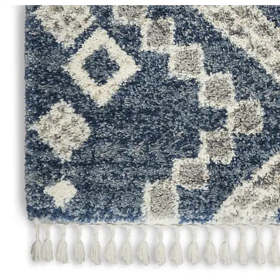 Denim Blue And Ivory Geometric Shag Non Skid Area Rug With Fringe Photo 9