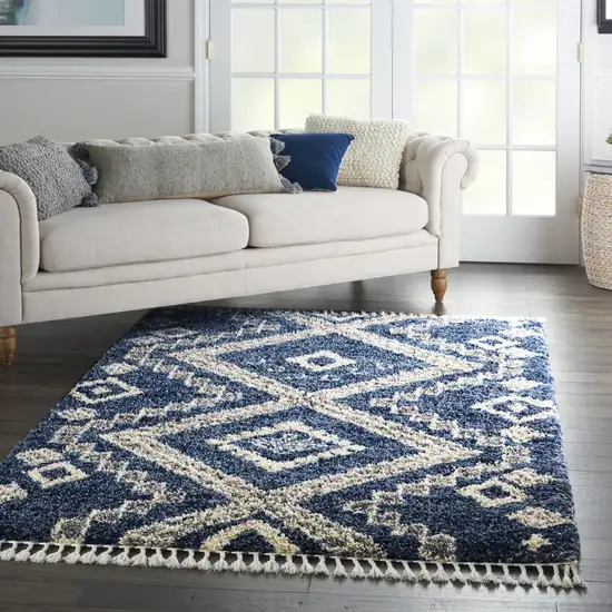 Denim Blue And Ivory Geometric Shag Non Skid Area Rug With Fringe Photo 5